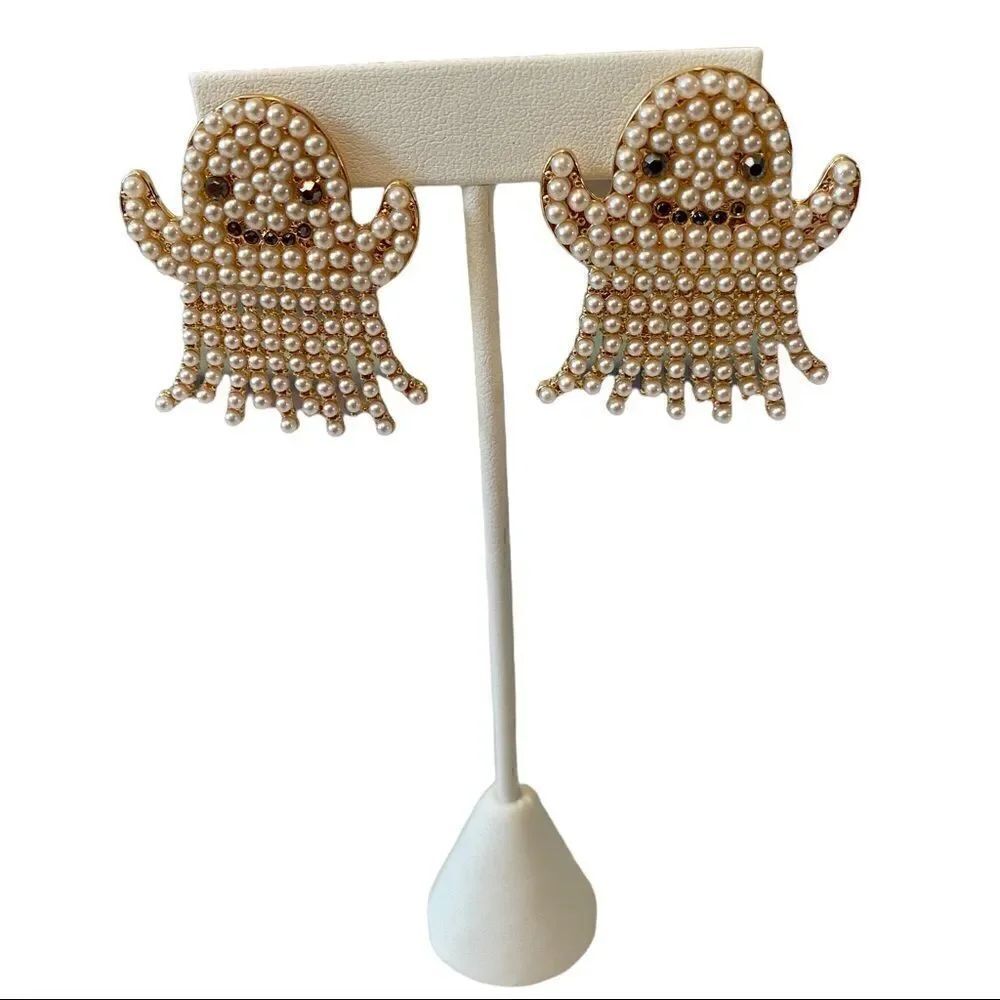 Adorable Faux Pearl & Gray Pave Crystal Ghost  Earrings.